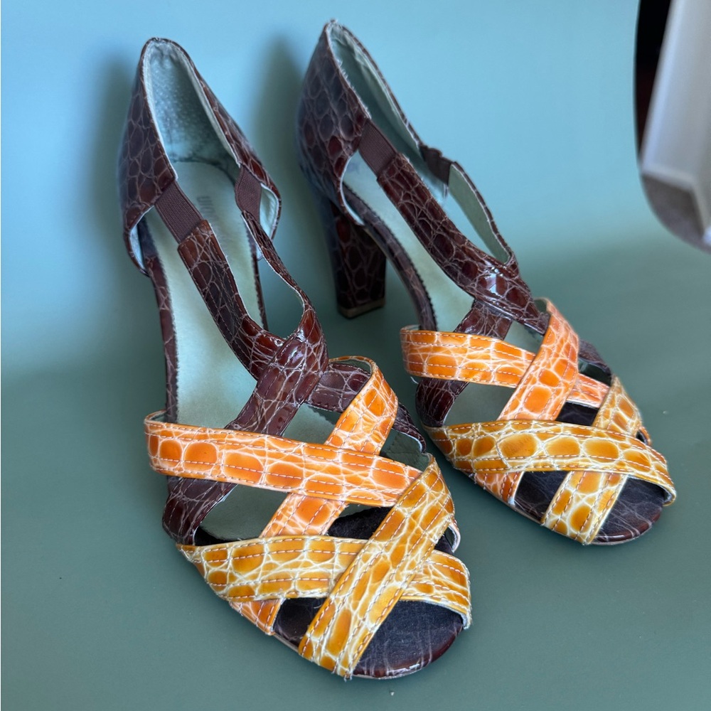 Farylrobin Brown and Orange Snake Heels